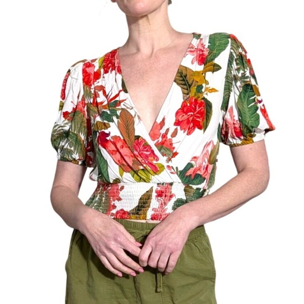 Gianni Bini‎ Woven Georgia Blouse Ivy Tropical Floral Smocked Crop Top M